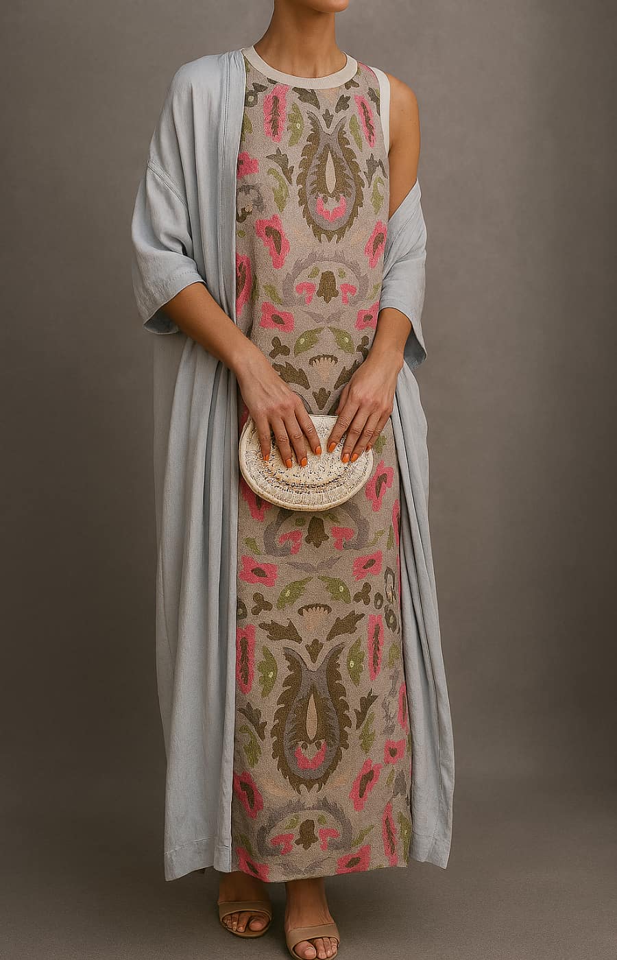 Femme Robe Maxi Sans Manches à Imprimé Floral avec Manteau Assorti Col Rond