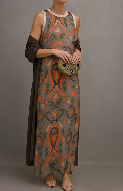 Femme Robe Maxi Sans Manches à Imprimé Floral avec Manteau Assorti Col Rond