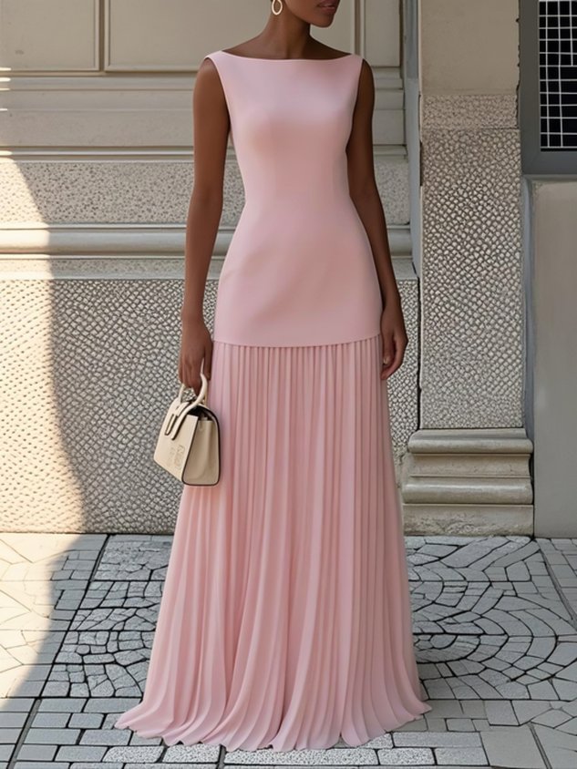 Femme Robe Maxi Sans Manches col Bateau avec Jupe Plissée