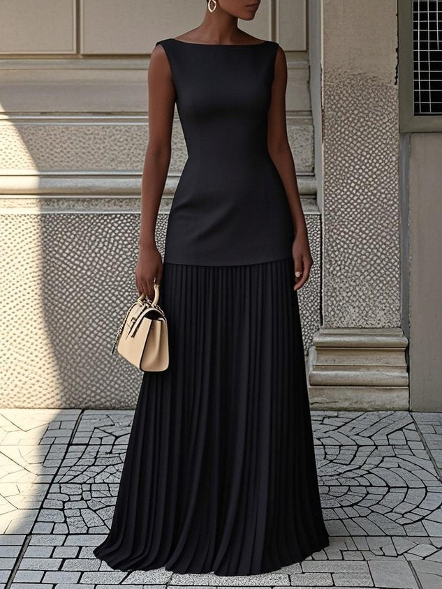 Femme Robe Maxi Sans Manches col Bateau avec Jupe Plissée