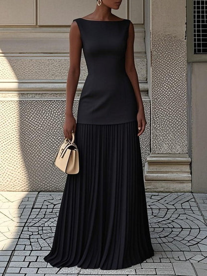 Femme Robe Maxi Sans Manches col Bateau avec Jupe Plissée