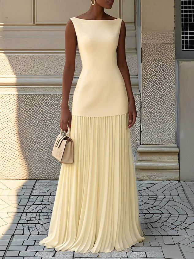 Femme Robe Maxi Sans Manches col Bateau avec Jupe Plissée