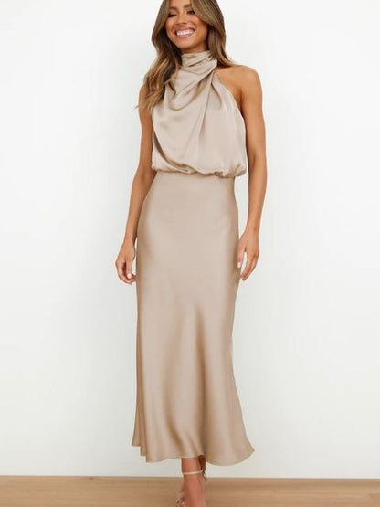 Femme Robe Maxi Sans Manches Col Halter Dos Nu Coupe Ajustée
