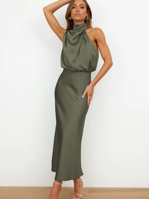 Femme Robe Maxi Sans Manches Col Halter Dos Nu Coupe Ajustée