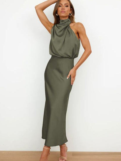 Femme Robe Maxi Sans Manches Col Halter Dos Nu Coupe Ajustée