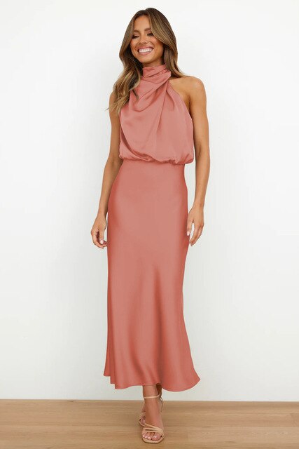 Femme Robe Maxi Sans Manches Col Halter Dos Nu Coupe Ajustée