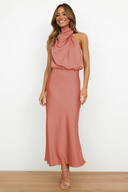 Femme Robe Maxi Sans Manches Col Halter Dos Nu Coupe Ajustée