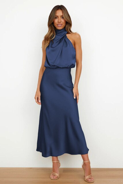 Femme Robe Maxi Sans Manches Col Halter Dos Nu Coupe Ajustée