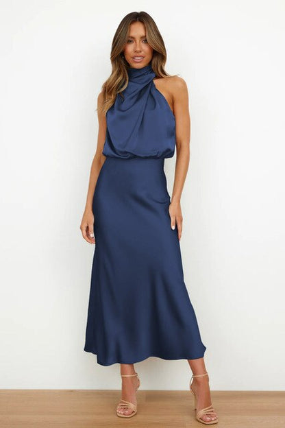 Femme Robe Maxi Sans Manches Col Halter Dos Nu Coupe Ajustée