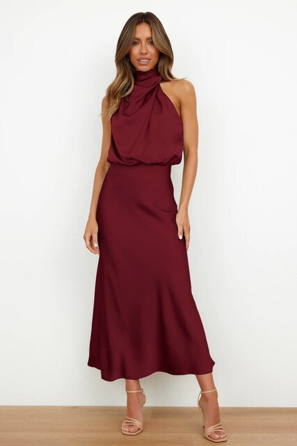Femme Robe Maxi Sans Manches Col Halter Dos Nu Coupe Ajustée