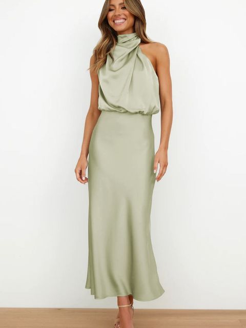 Femme Robe Maxi Sans Manches Col Halter Dos Nu Coupe Ajustée