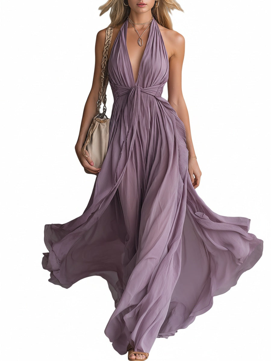 Femme Robe Maxi sans Manches Col Halter V-neck Plongeant A-ligne
