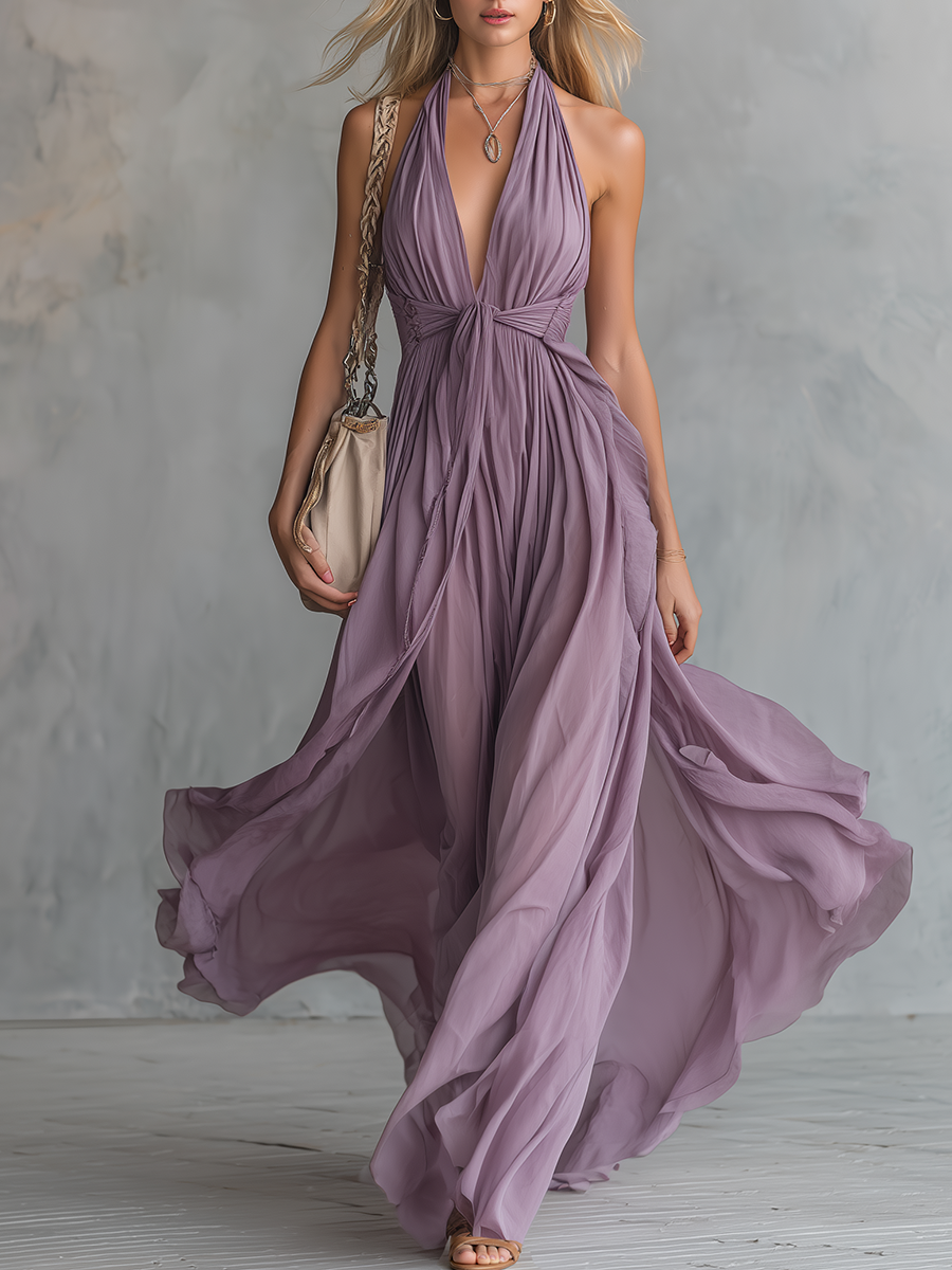 Femme Robe Maxi sans Manches Col Halter V-neck Plongeant A-ligne