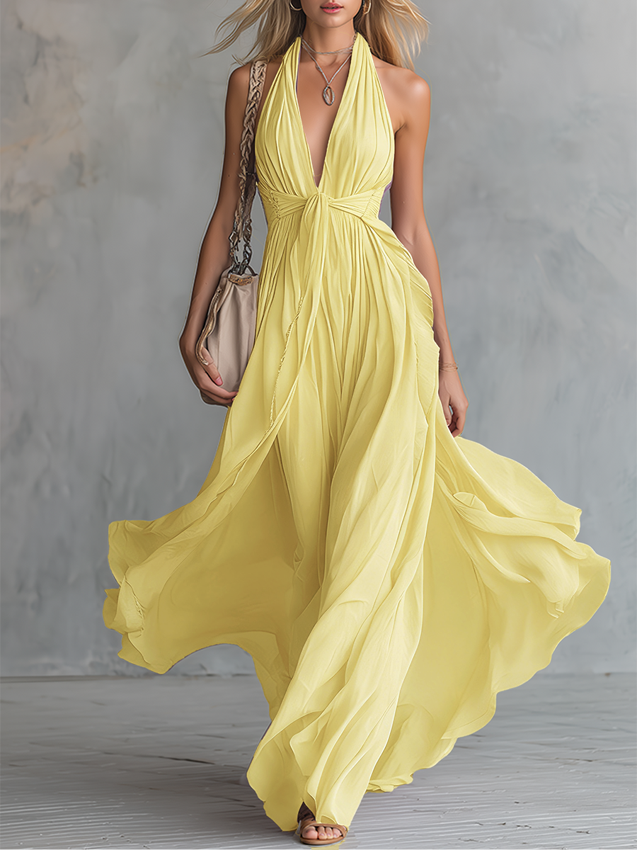 Femme Robe Maxi sans Manches Col Halter V-neck Plongeant A-ligne