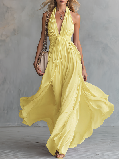 Femme Robe Maxi sans Manches Col Halter V-neck Plongeant A-ligne