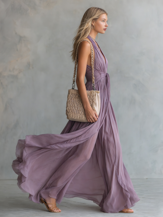 Femme Robe Maxi sans Manches Col Halter V-neck Plongeant A-ligne