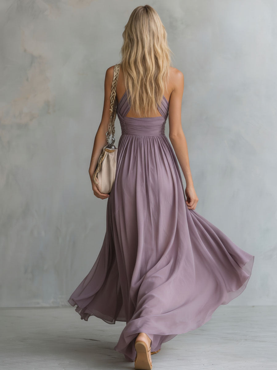 Femme Robe Maxi sans Manches Col Halter V-neck Plongeant A-ligne