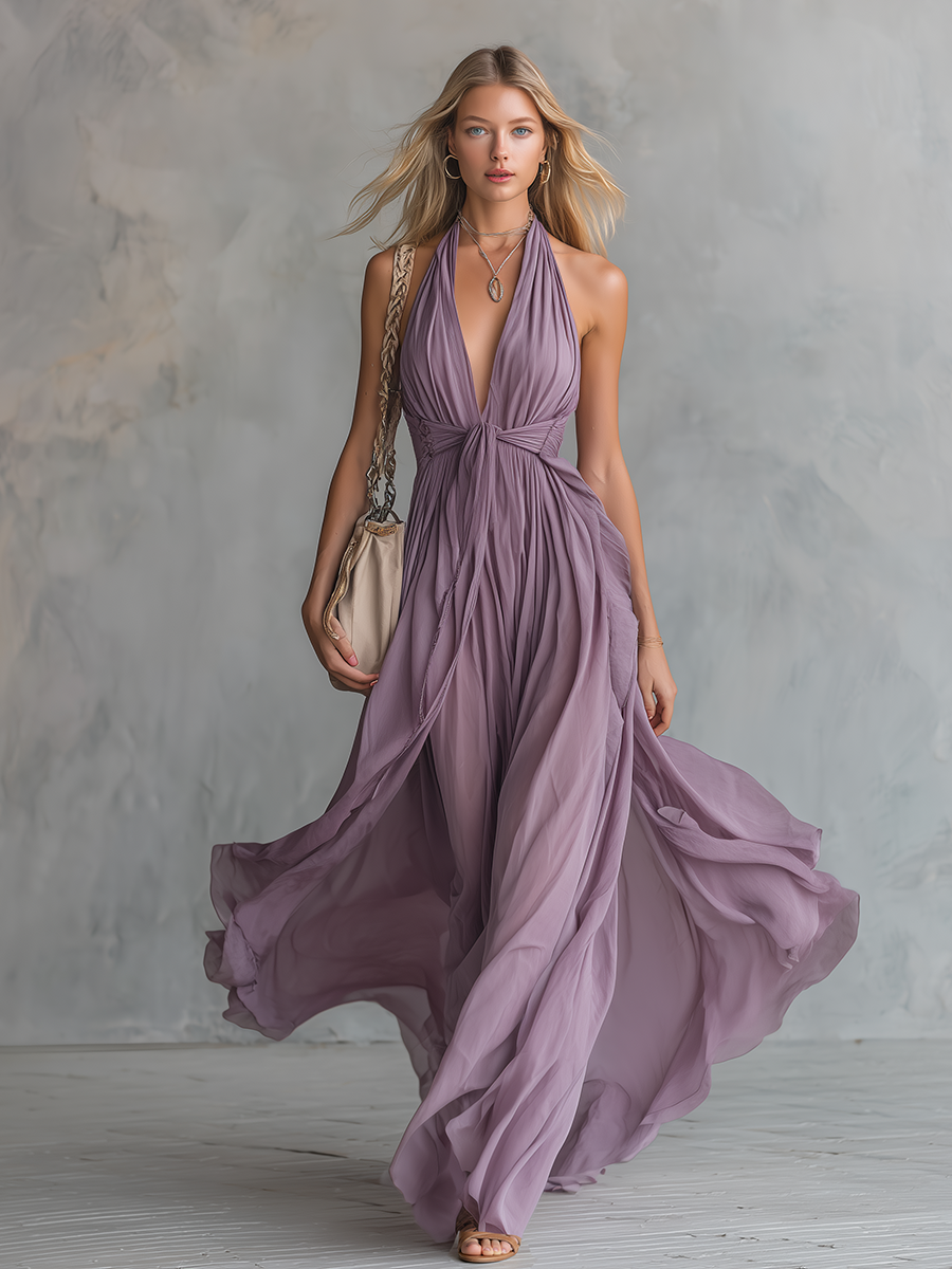 Femme Robe Maxi sans Manches Col Halter V-neck Plongeant A-ligne