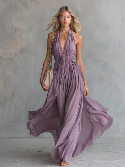 Femme Robe Maxi sans Manches Col Halter V-neck Plongeant A-ligne