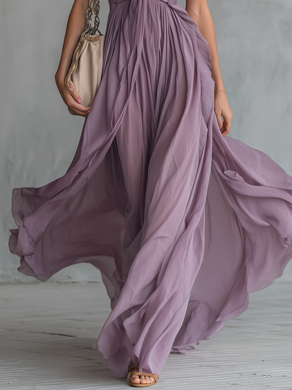 Femme Robe Maxi sans Manches Col Halter V-neck Plongeant A-ligne