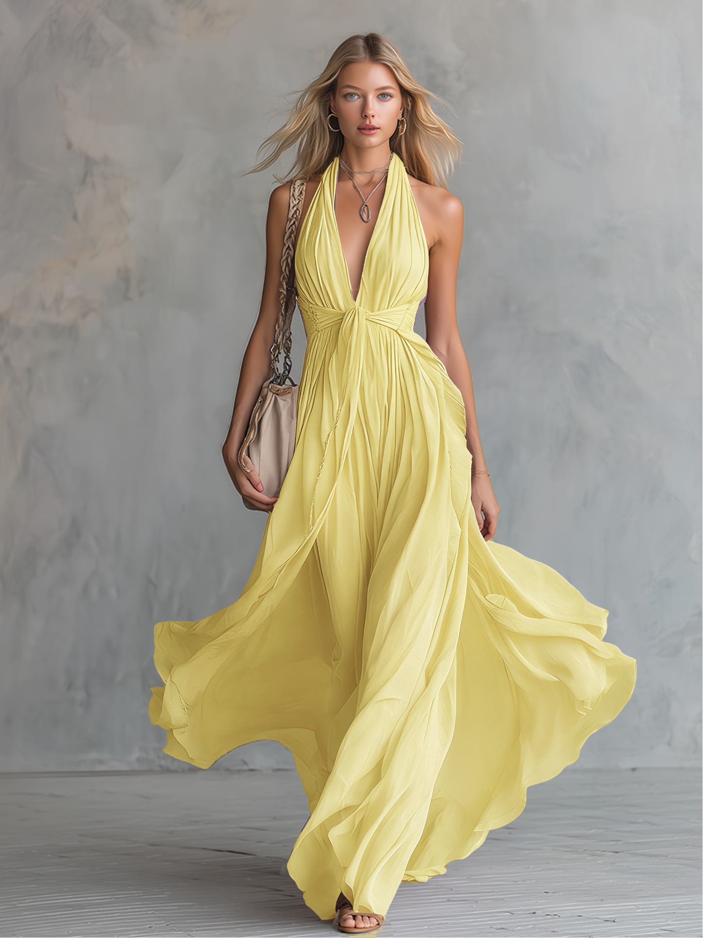 Femme Robe Maxi sans Manches Col Halter V-neck Plongeant A-ligne