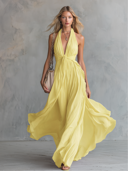 Femme Robe Maxi sans Manches Col Halter V-neck Plongeant A-ligne