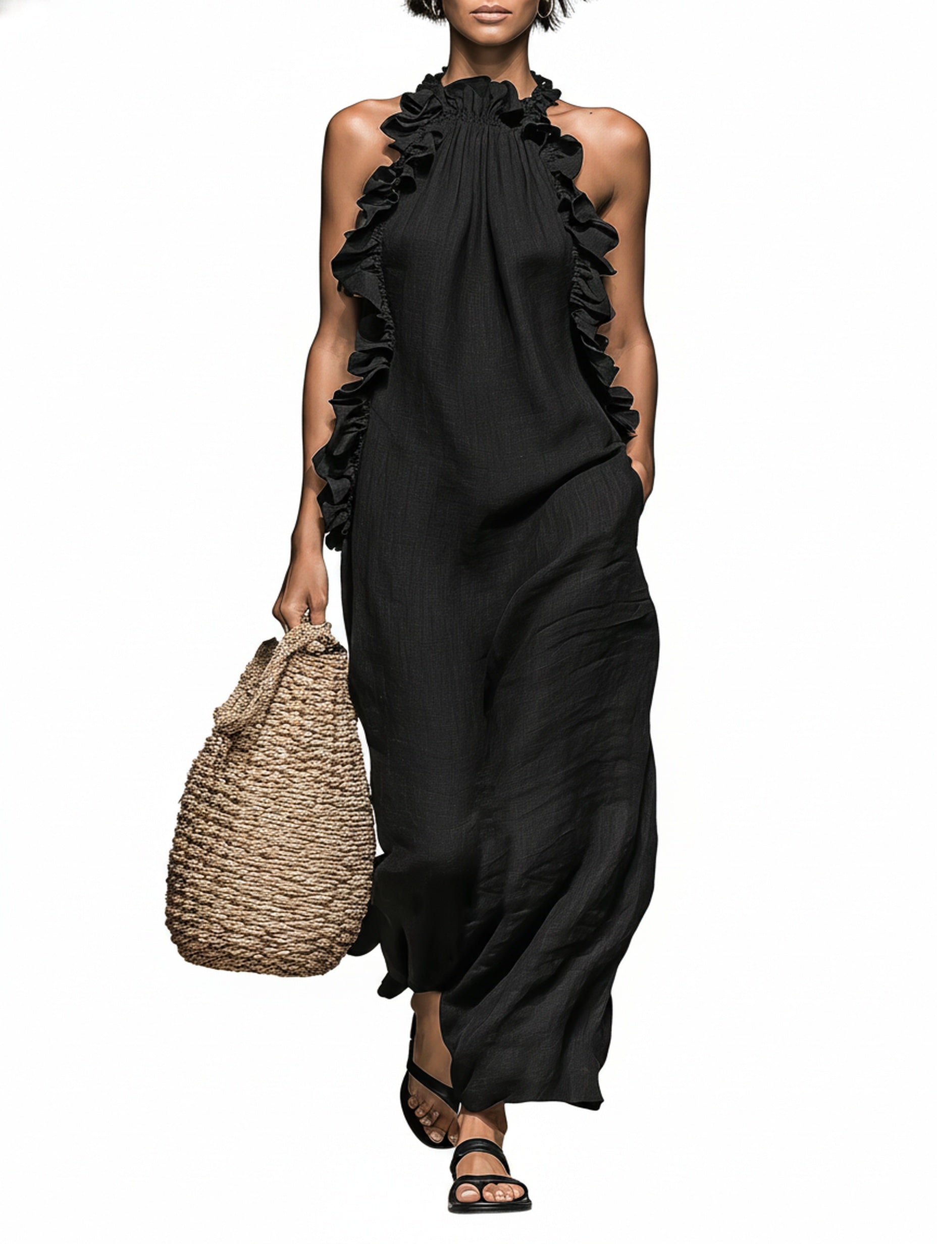 Femme Robe Maxi Sans Manches col Licou avec Volants