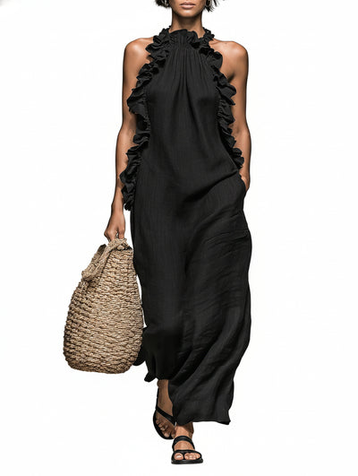 Femme Robe Maxi Sans Manches col Licou avec Volants