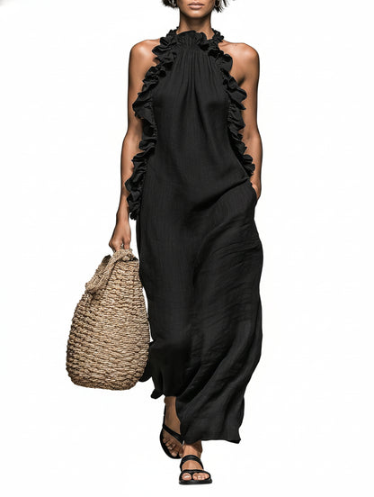 Femme Robe Maxi Sans Manches col Licou avec Volants