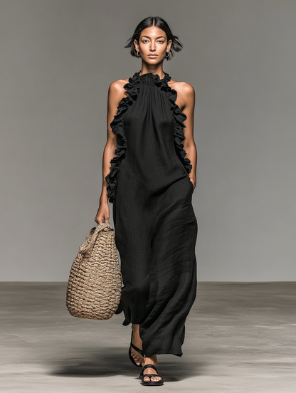 Femme Robe Maxi Sans Manches col Licou avec Volants