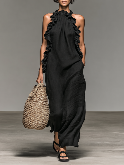 Femme Robe Maxi Sans Manches col Licou avec Volants