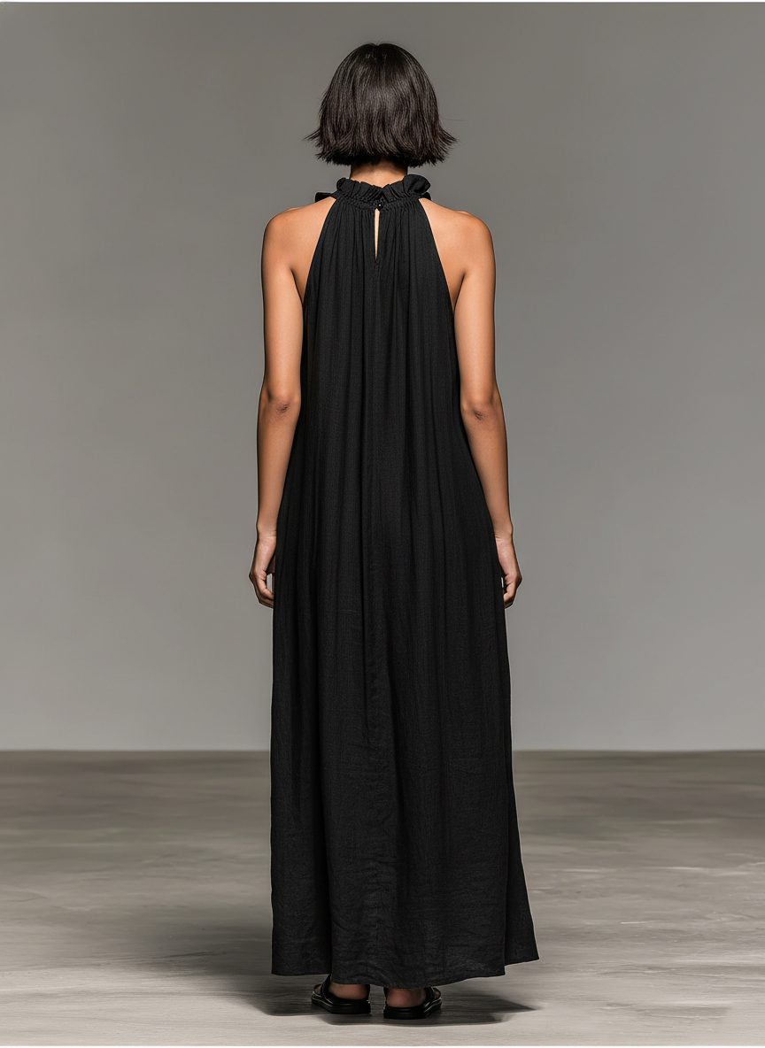 Femme Robe Maxi Sans Manches col Licou avec Volants