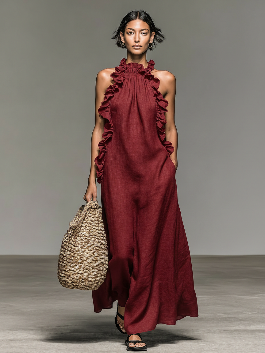 Femme Robe Maxi Sans Manches col Licou avec Volants