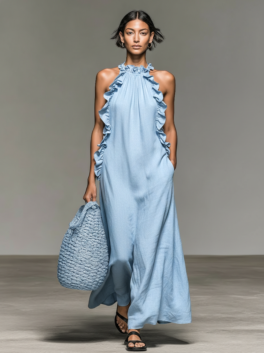Femme Robe Maxi Sans Manches col Licou avec Volants