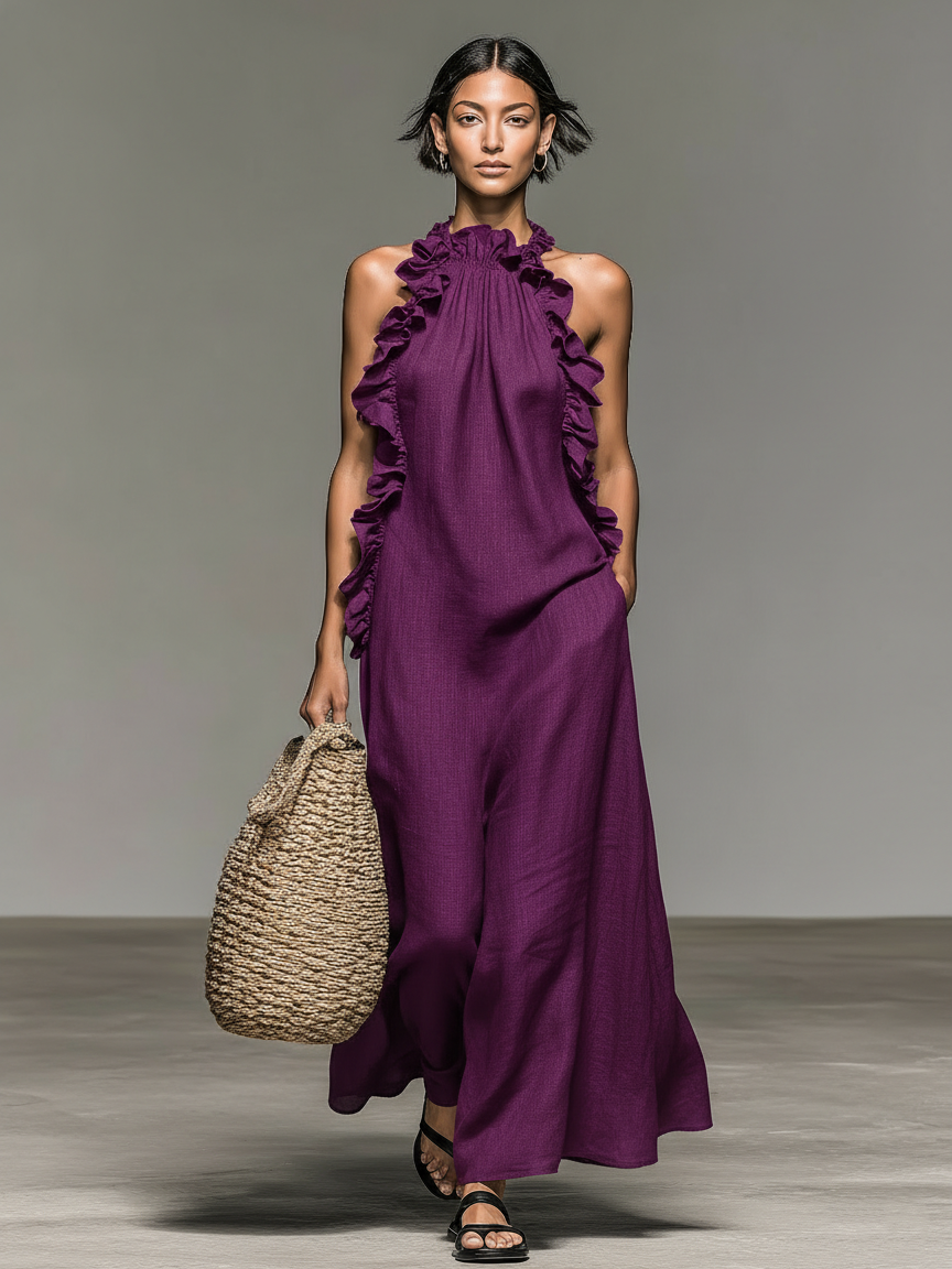 Femme Robe Maxi Sans Manches col Licou avec Volants