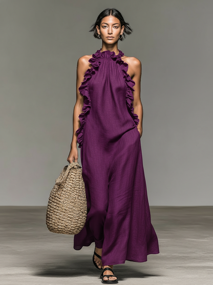 Femme Robe Maxi Sans Manches col Licou avec Volants