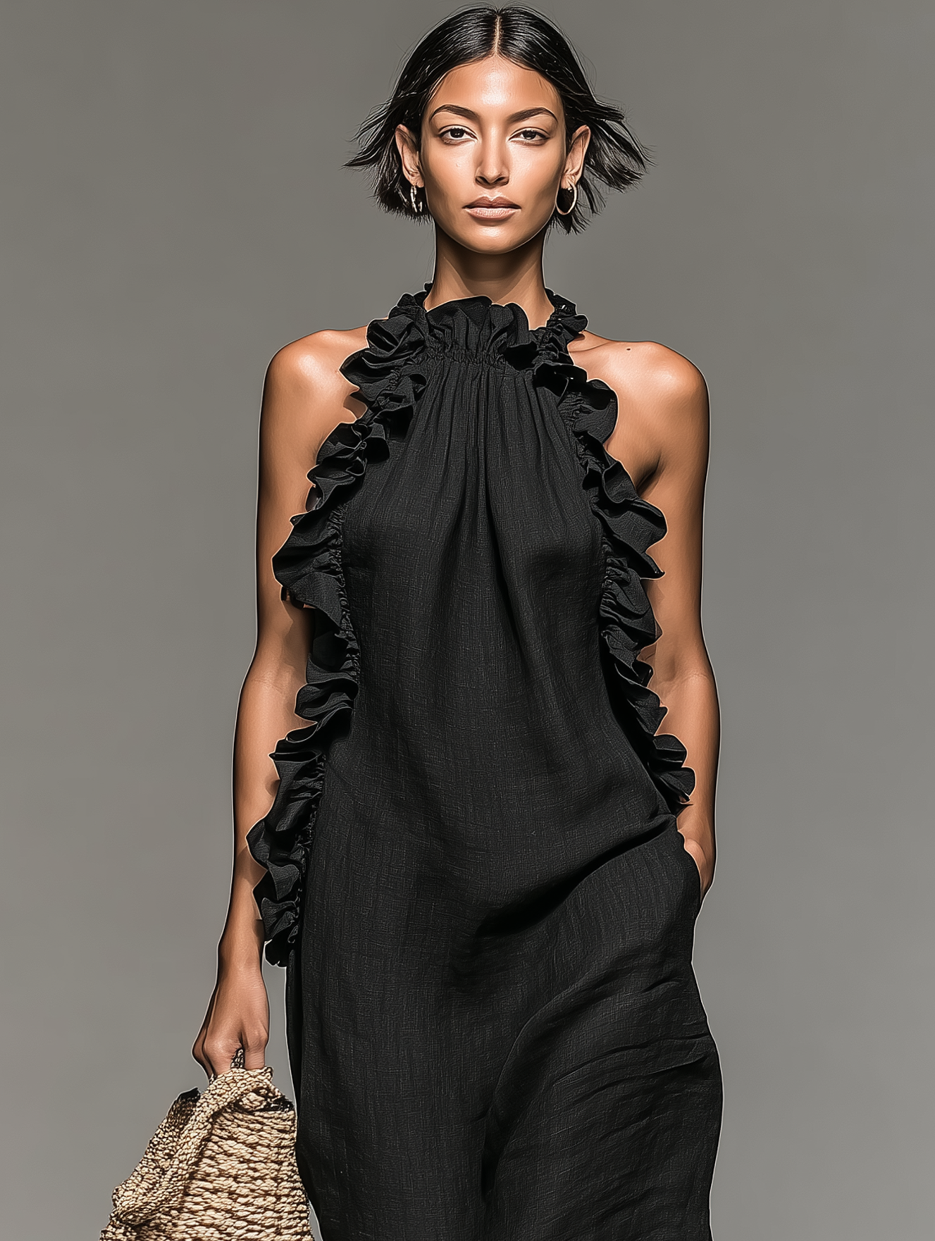 Femme Robe Maxi Sans Manches col Licou avec Volants