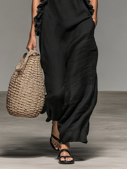 Femme Robe Maxi Sans Manches col Licou avec Volants