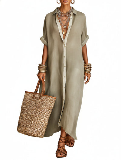 Femme Robe Maxi Style Chemise Manches Courtes col Chemisier Oversize