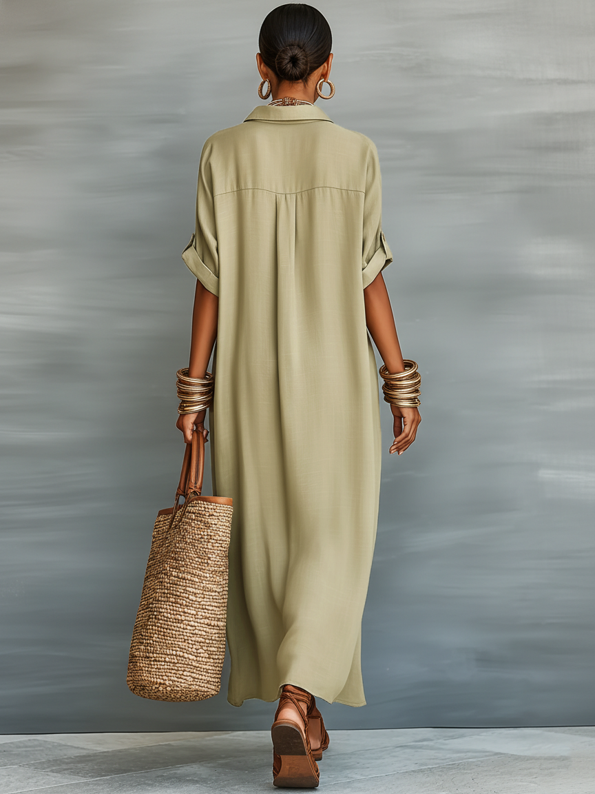 Femme Robe Maxi Style Chemise Manches Courtes col Chemisier Oversize