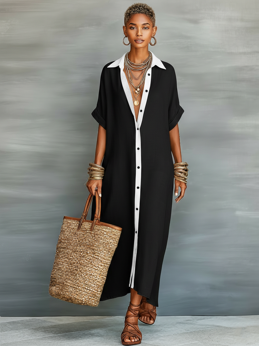 Femme Robe Maxi Style Chemise Manches Courtes col Chemisier Oversize