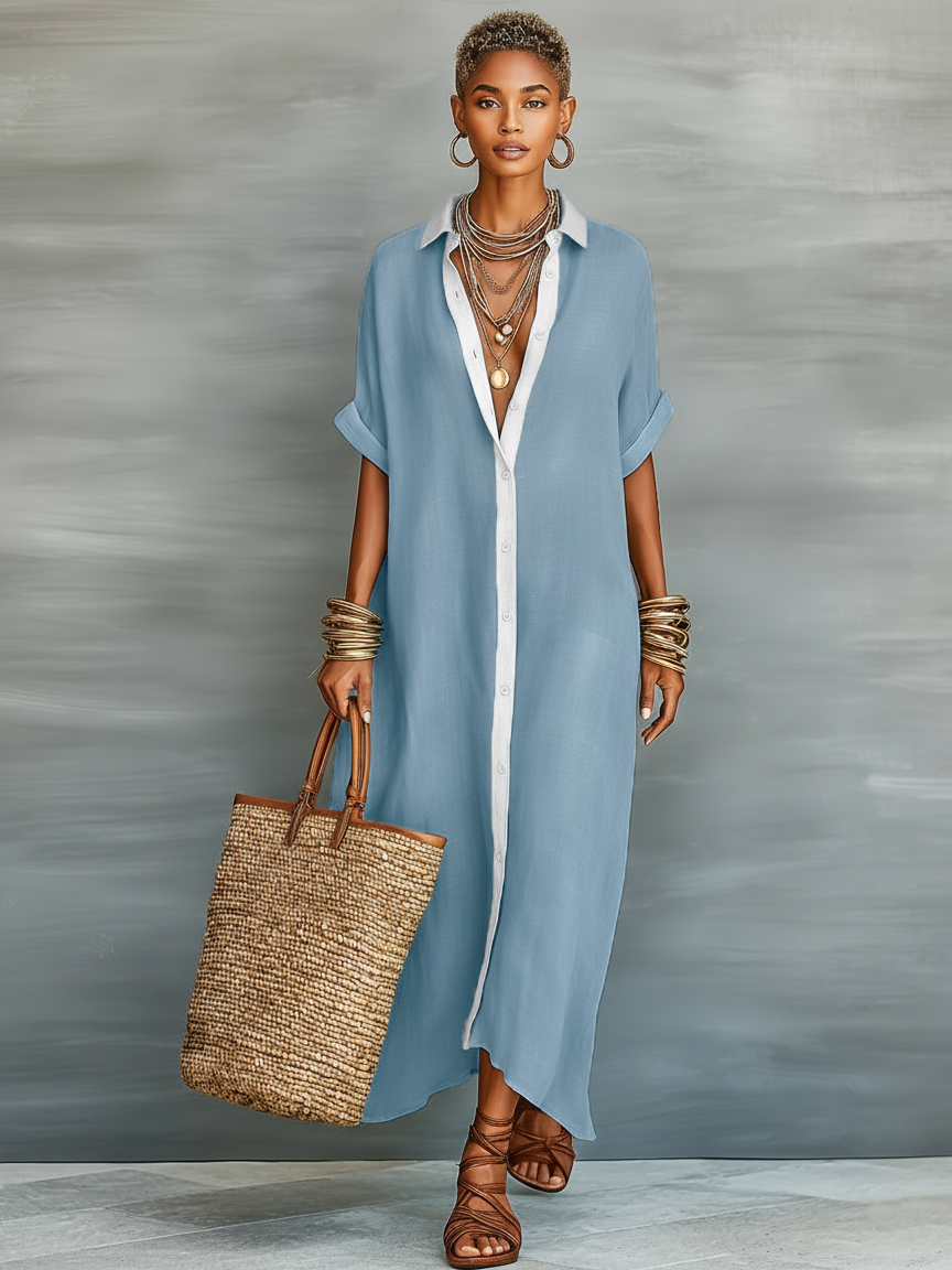 Femme Robe Maxi Style Chemise Manches Courtes col Chemisier Oversize
