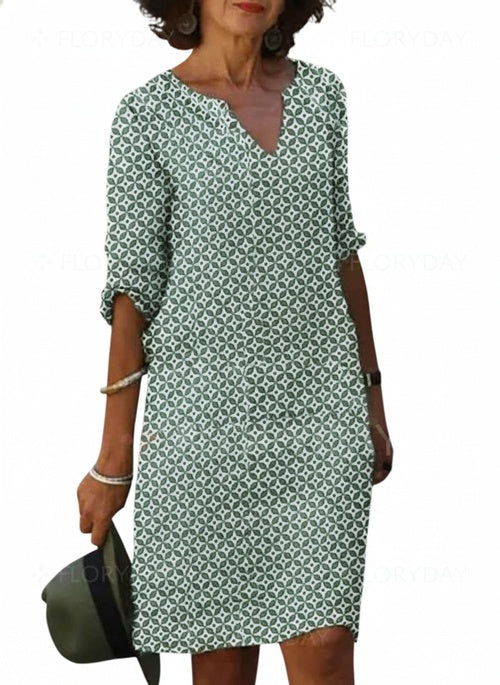 Femme Robe Mi-Longue à Col en V avec Imprimé Géométrique et Manches Trois-Quarts