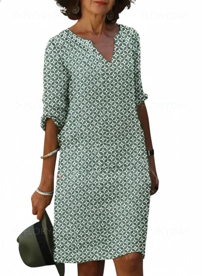 Femme Robe Mi-Longue à Col en V avec Imprimé Géométrique et Manches Trois-Quarts