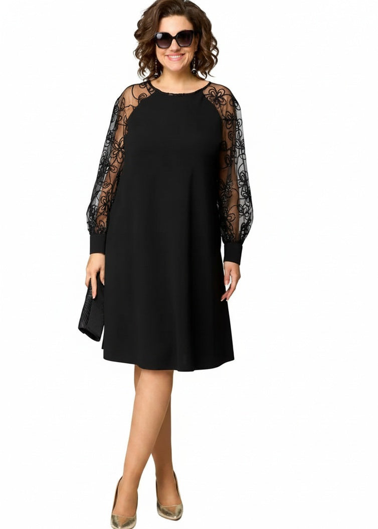 Femme Robe Mi-Longue A-ligne à Manches Longues Transparentes Brodées