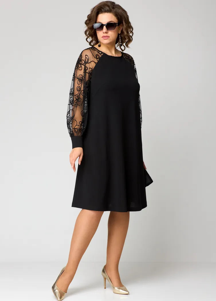 Femme Robe Mi-Longue A-ligne à Manches Longues Transparentes Brodées