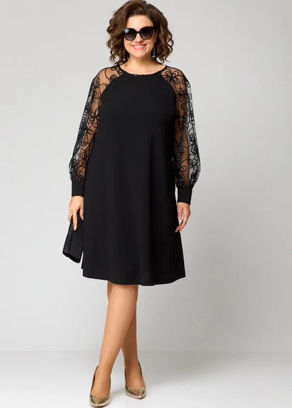 Femme Robe Mi-Longue A-ligne à Manches Longues Transparentes Brodées