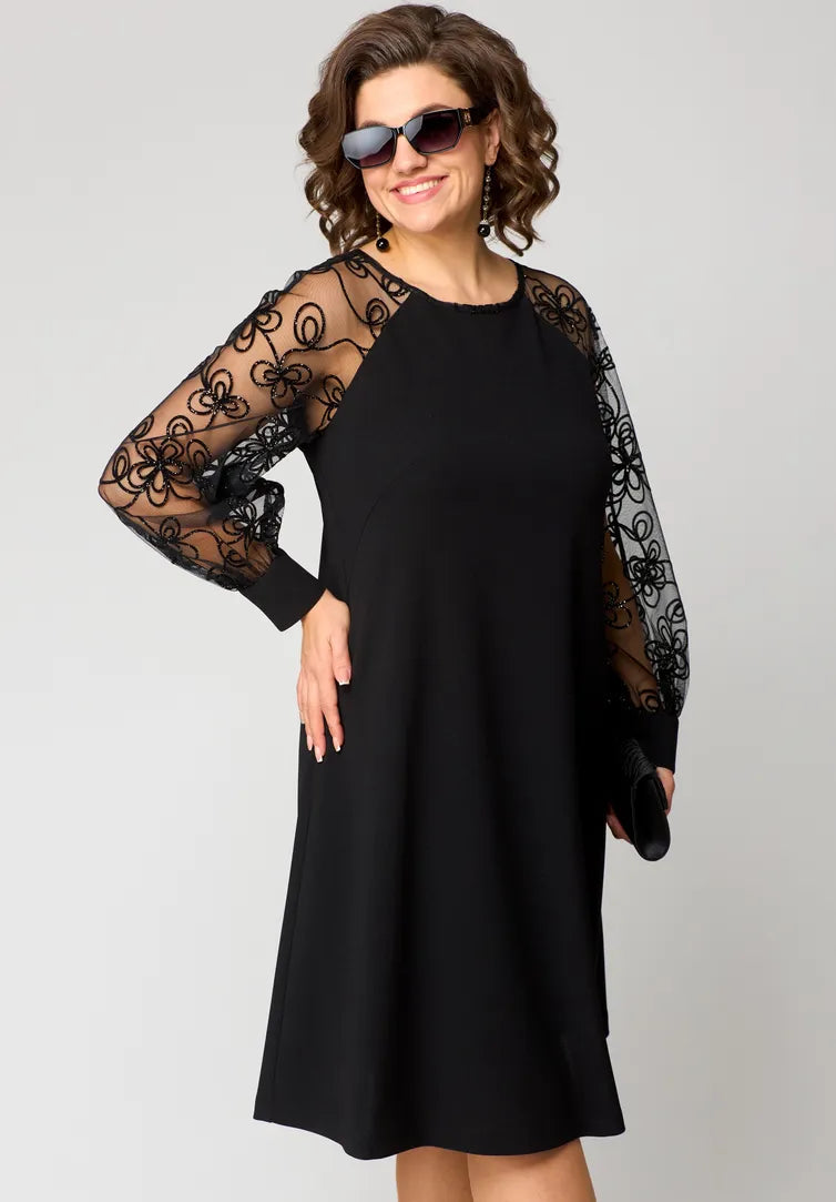 Femme Robe Mi-Longue A-ligne à Manches Longues Transparentes Brodées