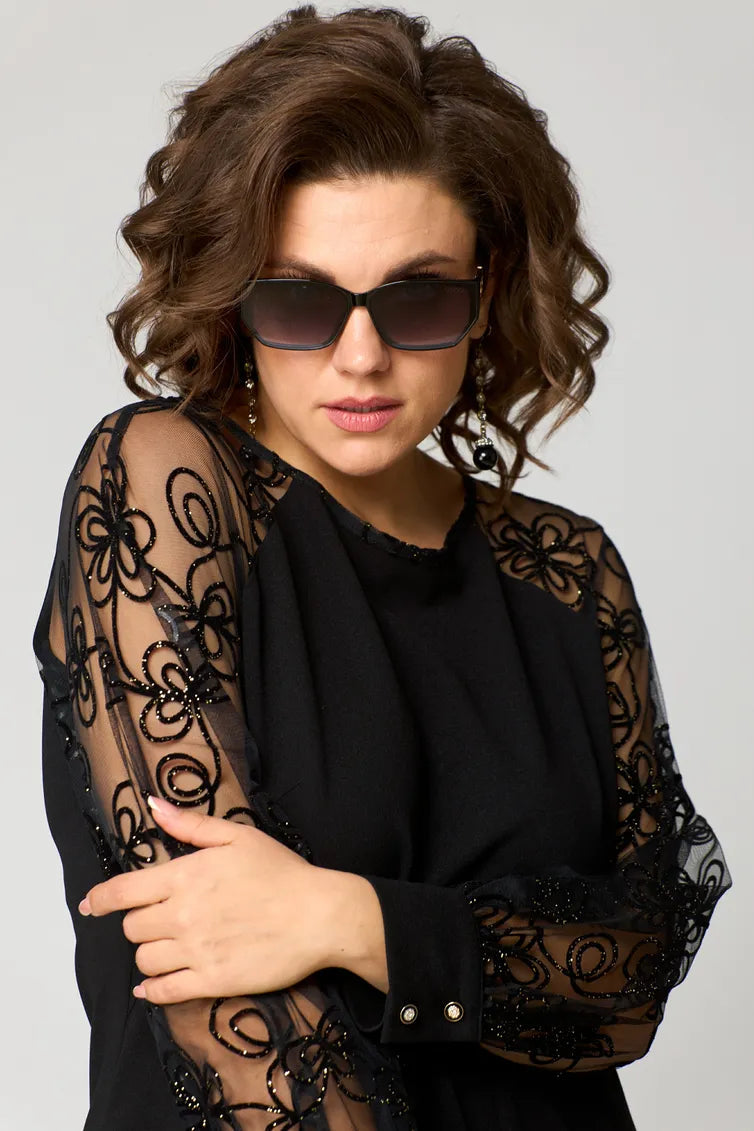 Femme Robe Mi-Longue A-ligne à Manches Longues Transparentes Brodées