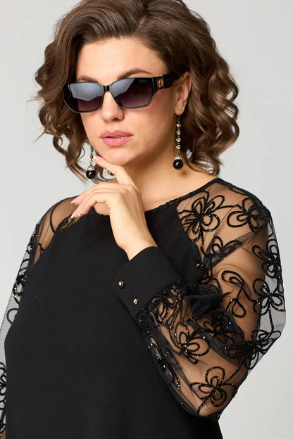 Femme Robe Mi-Longue A-ligne à Manches Longues Transparentes Brodées